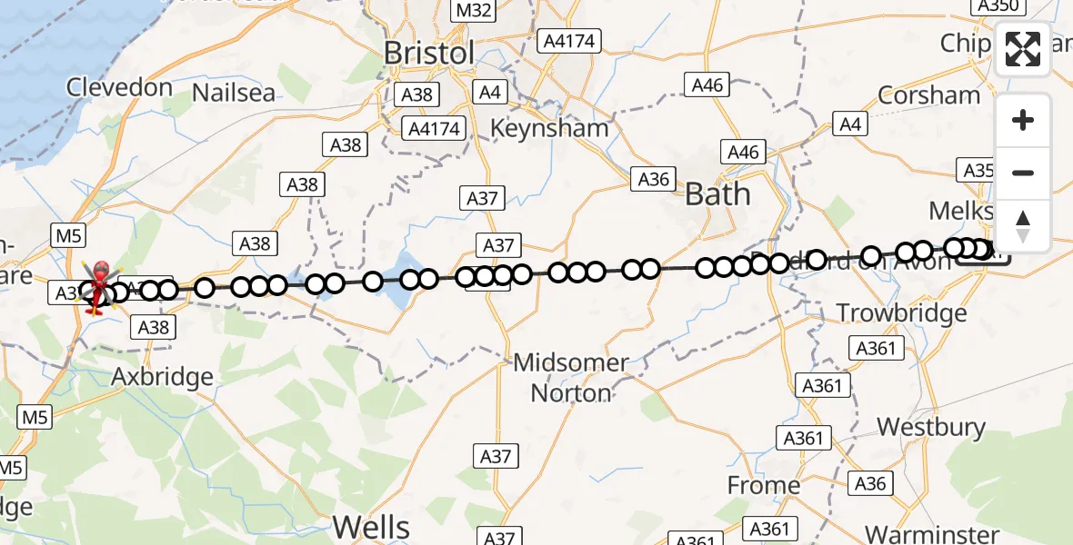 Flight route map: Air Ambulance Helicopter to Woolvershill Batch, Wolvershill Road