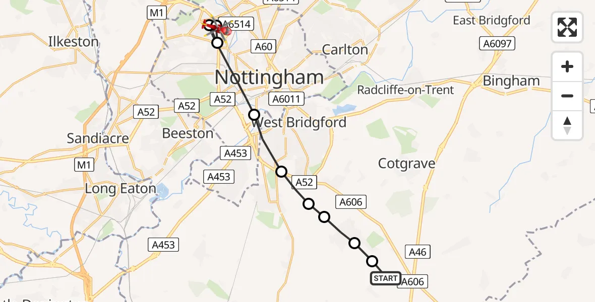 Flight route map: Air Ambulance Helicopter to Bulwell, Penrith Crescent