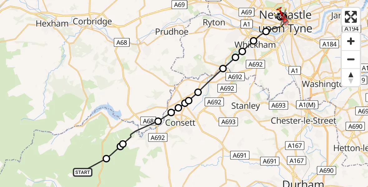 Routekaart van de vlucht: Air Ambulance Helicopter to Newcastle Royal Victoria Infirmary, Newcastle Royal Victoria Infirmary