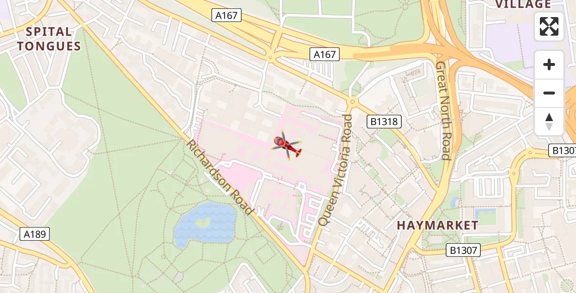 Flight route map: Air Ambulance Helicopter to Newcastle Royal Victoria Infirmary