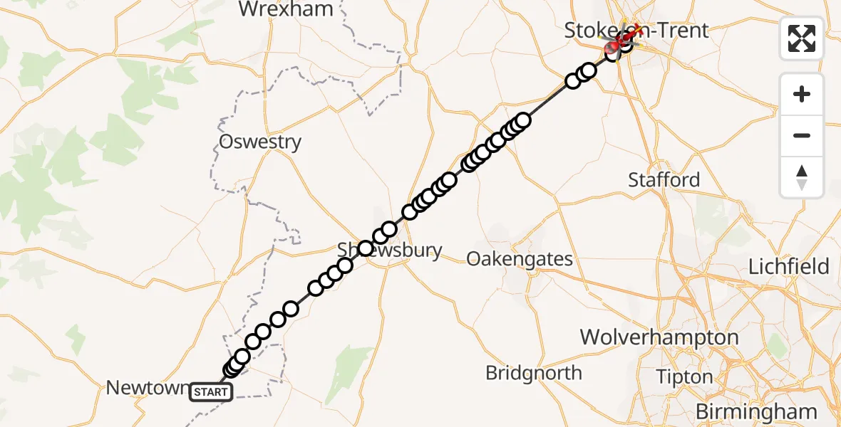 Flight route map: Air Ambulance Helicopter to University Hospital North Staffs, University Hospital North Staffs