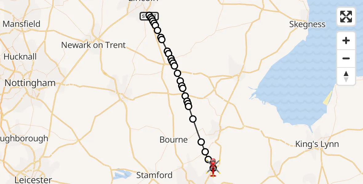 Flight route map: Air Ambulance Helicopter to Crowland, Thorney Road