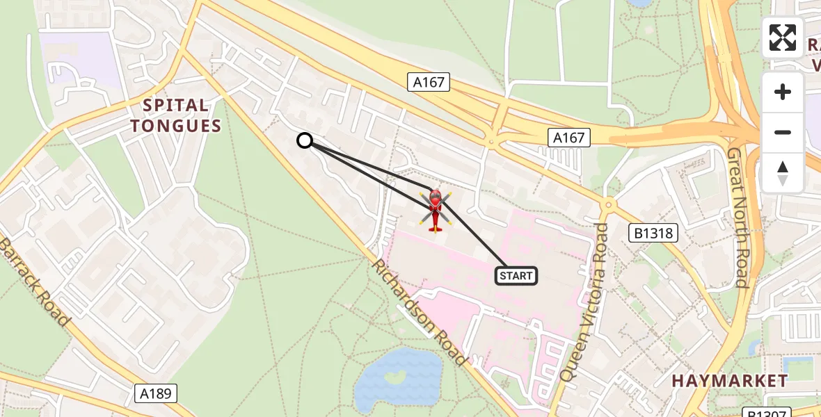 Flight route map: Air Ambulance Helicopter to Newcastle Royal Victoria Infirmary, Newcastle Royal Victoria Infirmary