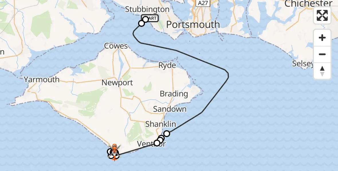 Flight route map: Coastguard Helicopter to Niton, Old Blackgang Road
