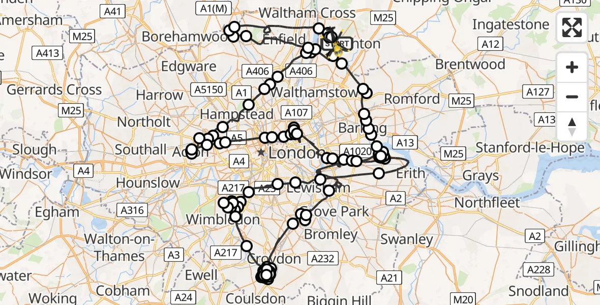 Flight route map: Police Helicopter to Sewardstonebury, Church Road