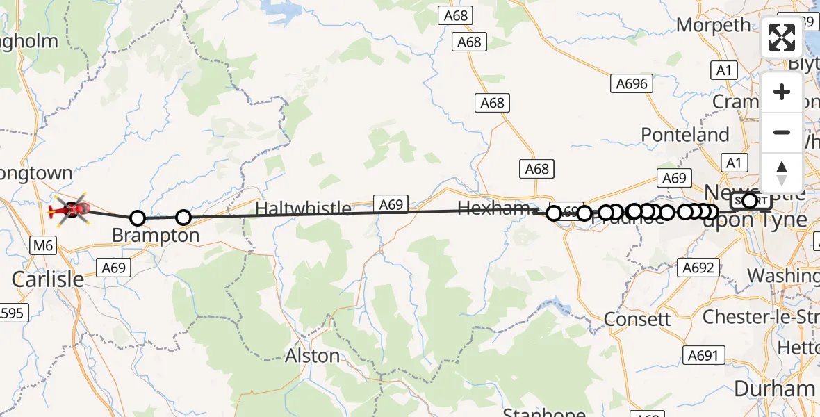 Routekaart van de vlucht: Air Ambulance Helicopter to Kirklinton Middle, Kirklinton Middle