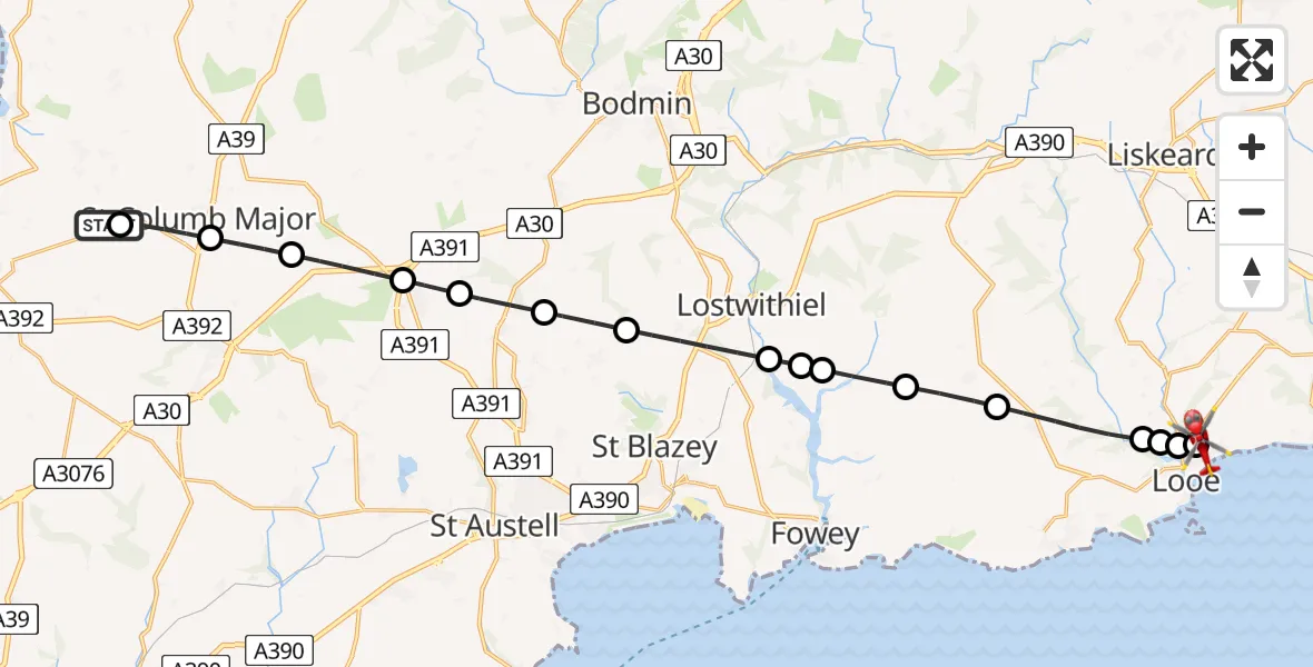 Flight route map: Air Ambulance Helicopter to St Martin, Barbican Court