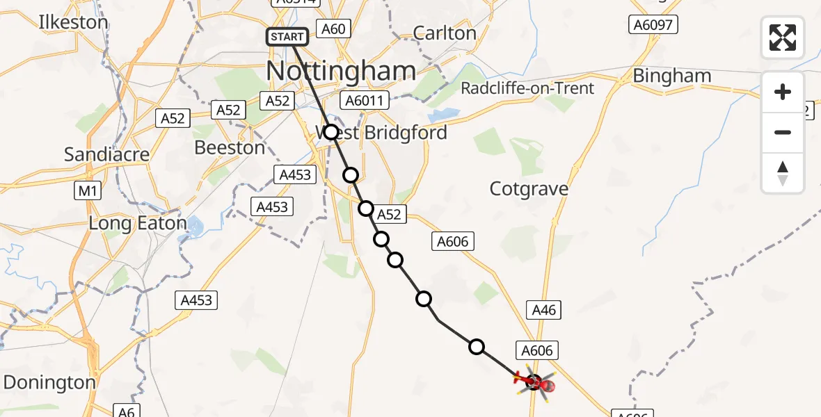 Routekaart van de vlucht: Air Ambulance Helicopter to Nottingham Heliport, Nottingham Heliport