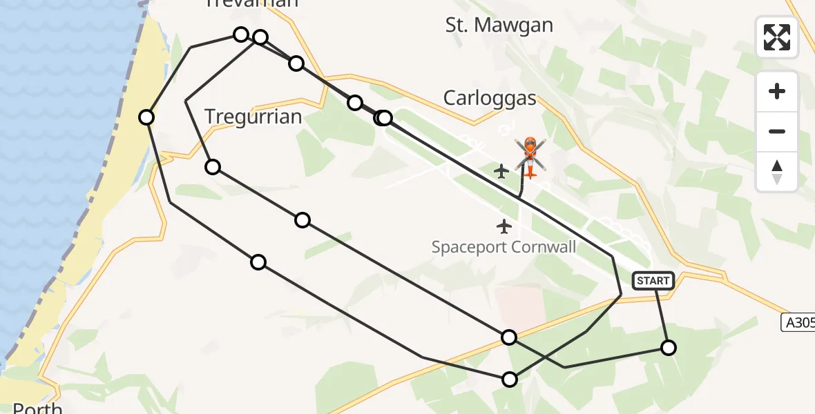 Flight route map: Coastguard Helicopter to Cornwall Airport Newquay, Cornwall Airport Newquay