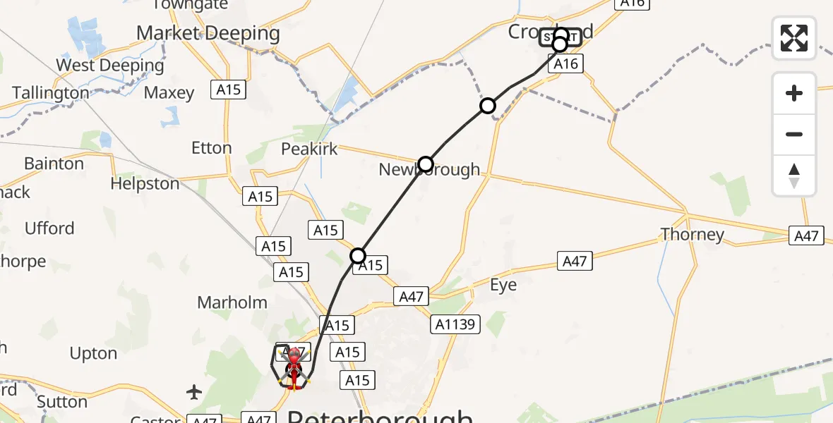 Routekaart van de vlucht: Air Ambulance Helicopter to Peterborough City Hospital, Peterborough City Hospital