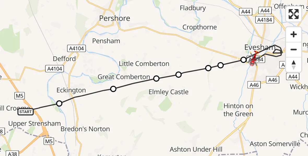 Flight route map: Air Ambulance Helicopter to Evesham, Pershore Road