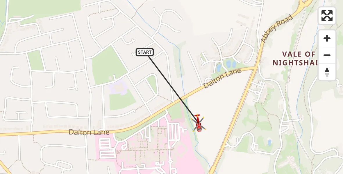 Flight route map: Air Ambulance Helicopter to Dalton-in-Furness, Dalton Lane