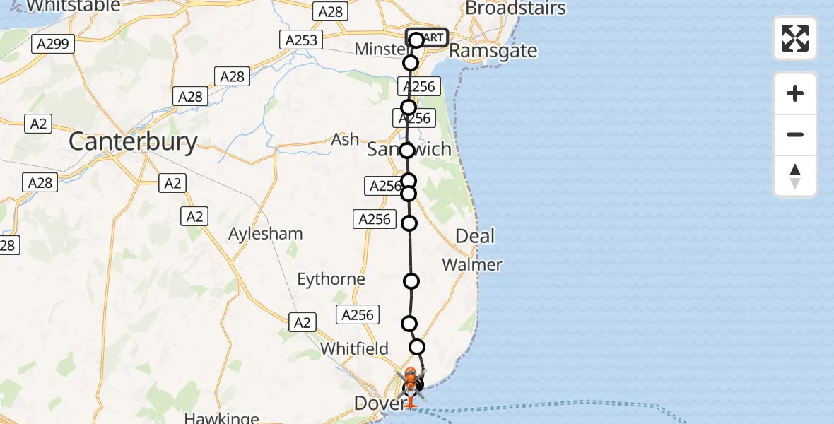 Flight route map: Coastguard Helicopter to Langdon Battery Heliport, Langdon Battery Heliport