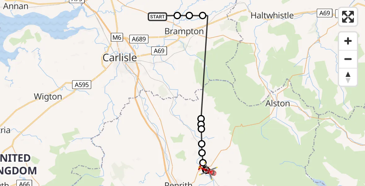 Routekaart van de vlucht: Air Ambulance Helicopter to Langwathby, B6412