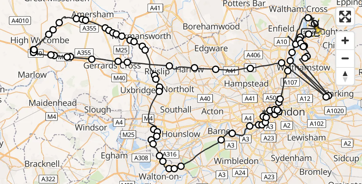Flight route map: Police Helicopter to Sewardstonebury, Bury Road