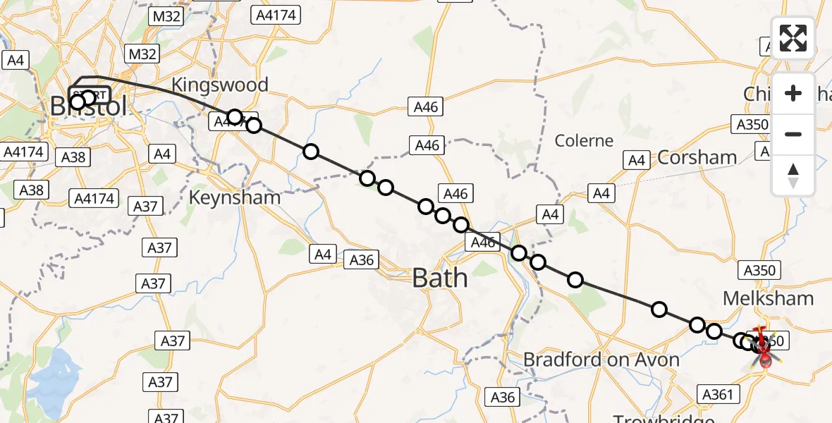 Flight route map: Air Ambulance Helicopter to Melksham, Commerce Way