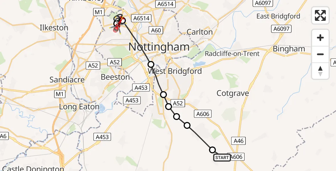 Flight route map: Air Ambulance Helicopter to City of Nottingham, Aspley Lane