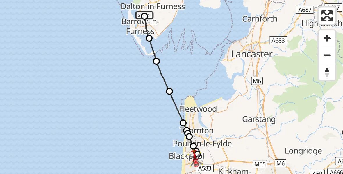 Flight route map: Air Ambulance Helicopter to Blackpool, East Park Drive