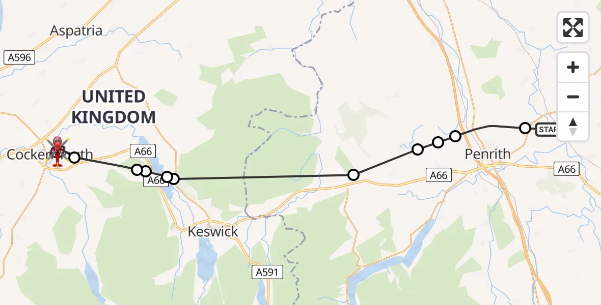 Flight route map: Air Ambulance Helicopter to Cockermouth, Pinfold Close