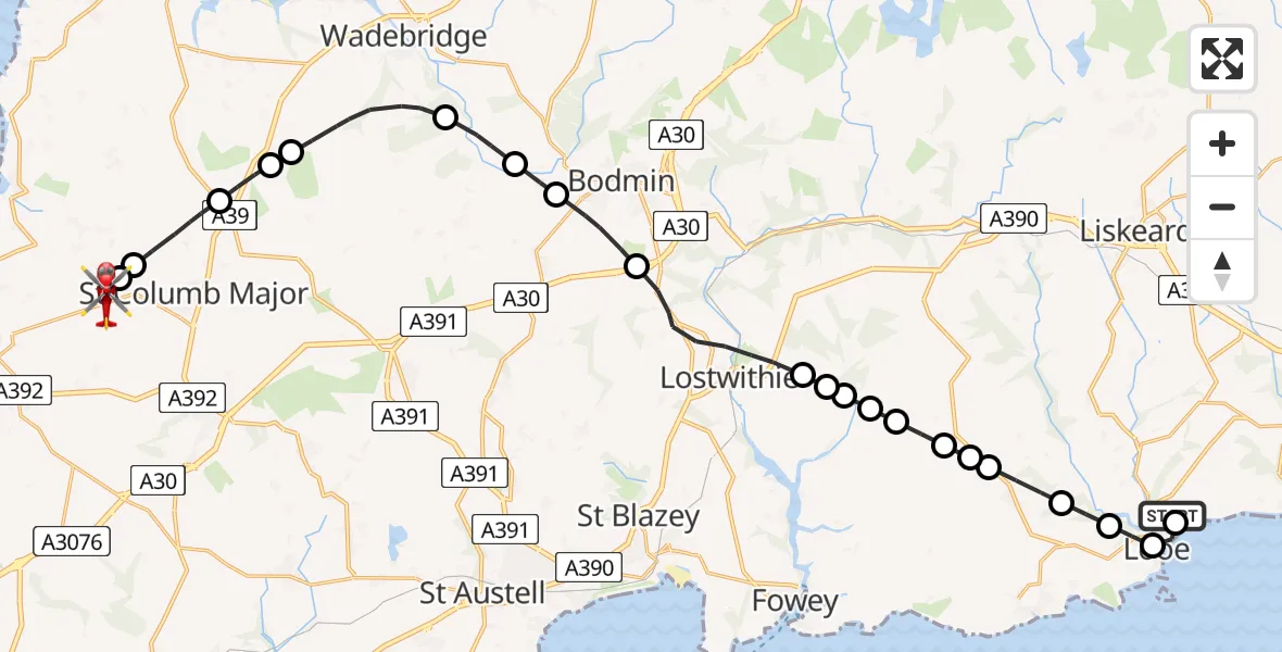 Routekaart van de vlucht: Air Ambulance Helicopter to Cornwall Airport Newquay, Cornwall Airport Newquay