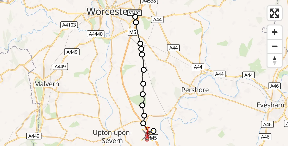 Routekaart van de vlucht: Air Ambulance Helicopter to Hill Croome, M5