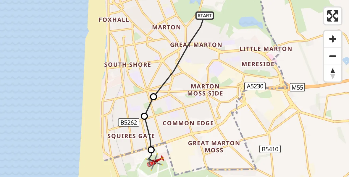 Flight route map: Air Ambulance Helicopter to Blackpool Airport, Blackpool Airport