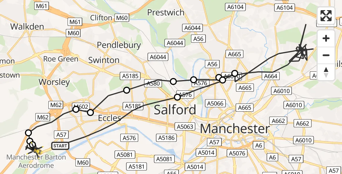 Flight route map: Police Helicopter to Manchester Barton Aerodrome, Manchester Barton Aerodrome
