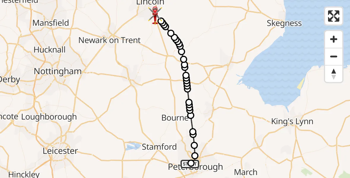 Routekaart van de vlucht: Air Ambulance Helicopter to North Kesteven, Sleaford Road