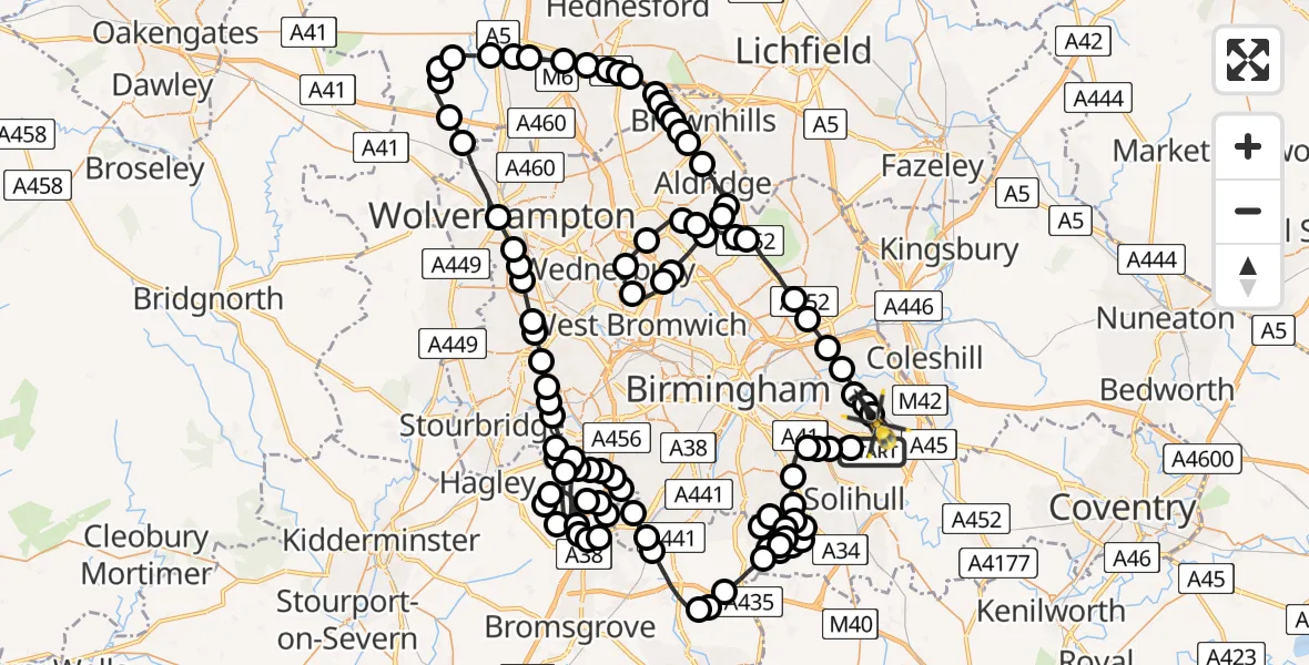 Flight route map: Police Helicopter to Birmingham Airport, Birmingham Airport