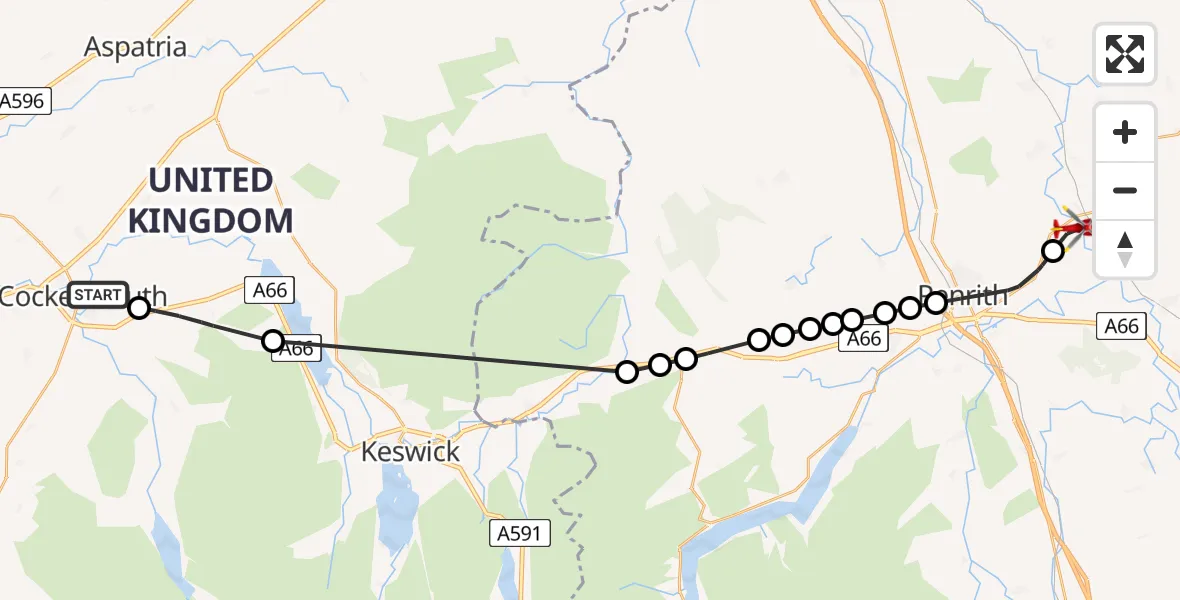 Routekaart van de vlucht: Air Ambulance Helicopter to Edenhall, Ladies Walk