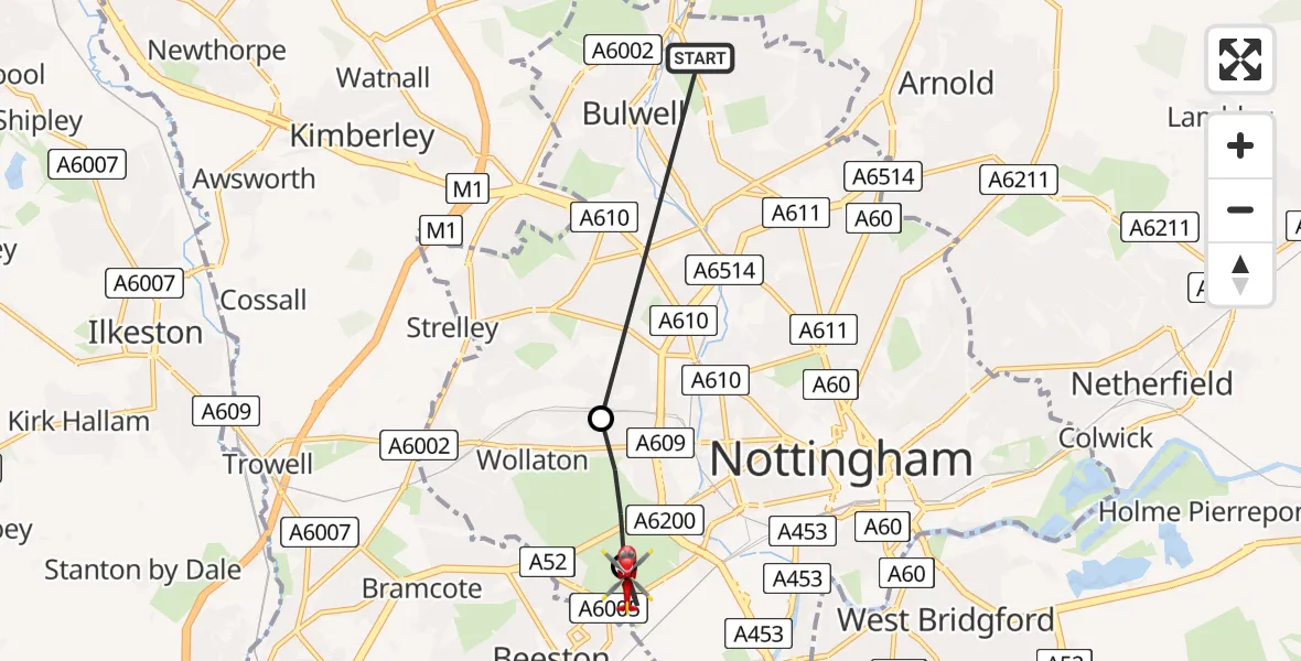 Flight route map: Air Ambulance Helicopter to City of Nottingham, University Boulevard