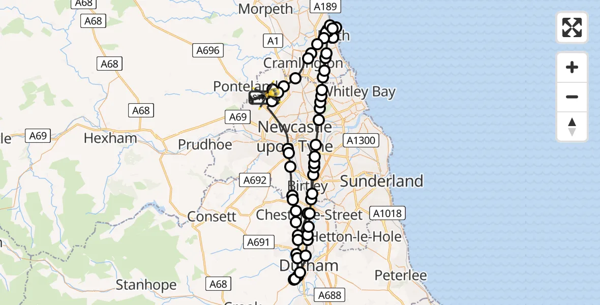 Routekaart van de vlucht: Police Helicopter to Newcastle International Airport, Newcastle International Airport