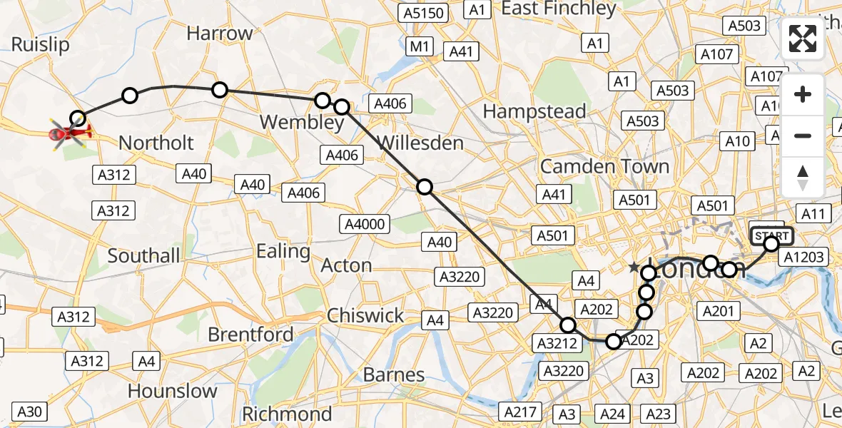 Flight route map: Air Ambulance Helicopter to RAF Northolt, RAF Northolt