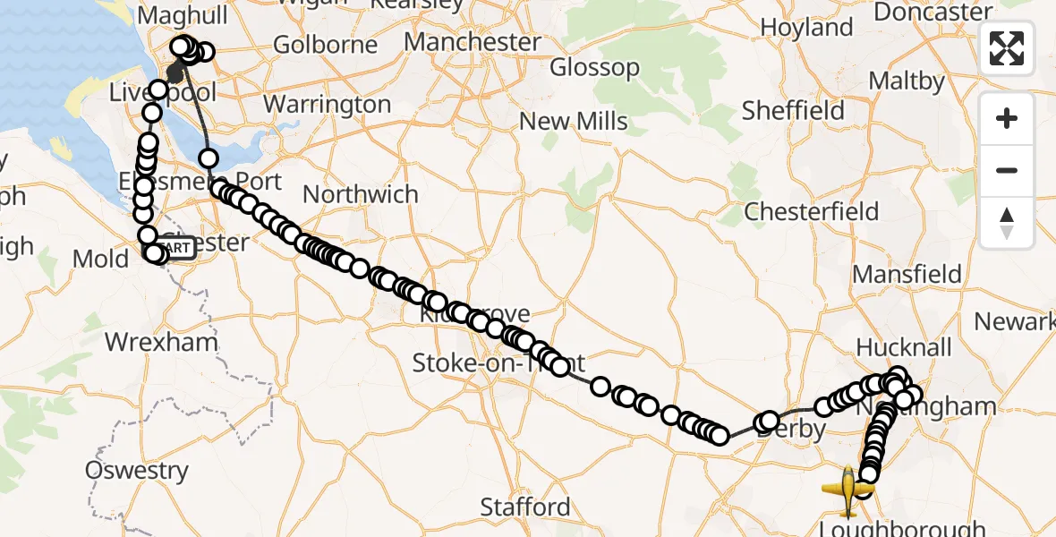 Flight route map: Police Aircraft to East Midlands Airport, East Midlands Airport