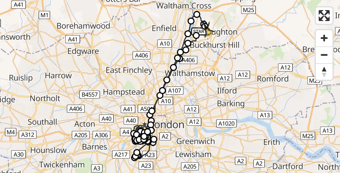 Flight route map: Police Helicopter to Sewardstonebury, Lippitts Hill