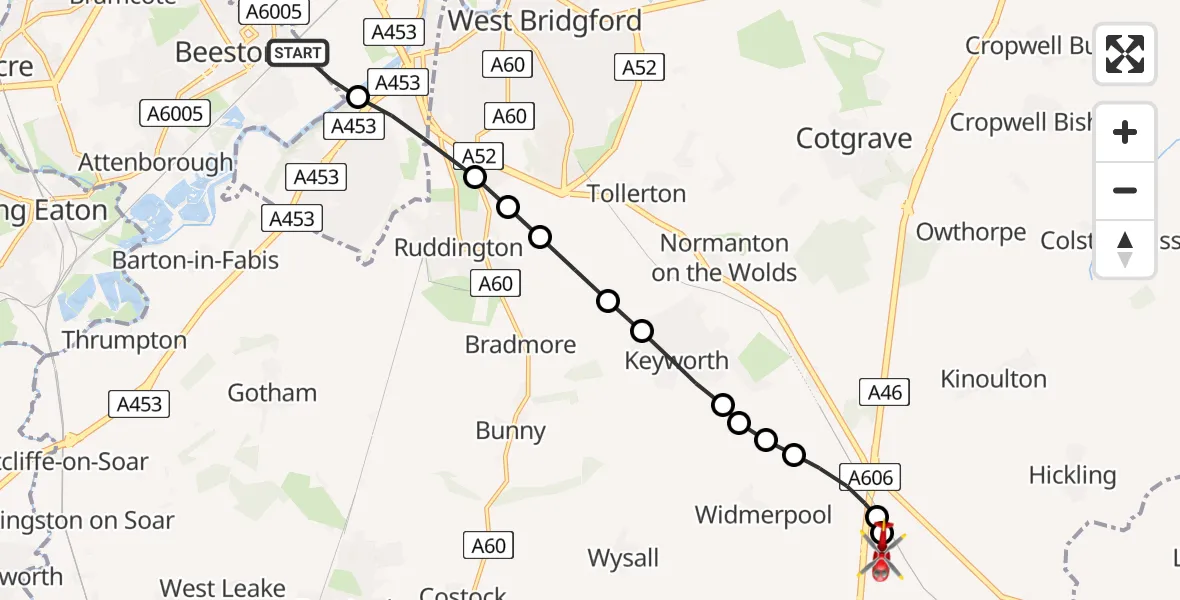 Flight route map: Air Ambulance Helicopter to Nottingham Heliport, Nottingham Heliport
