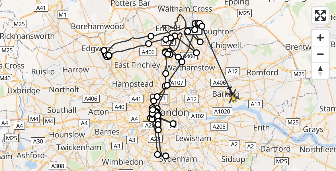 Flight route map: Police Helicopter to London Borough of Barking and Dagenham, Lambourne Road