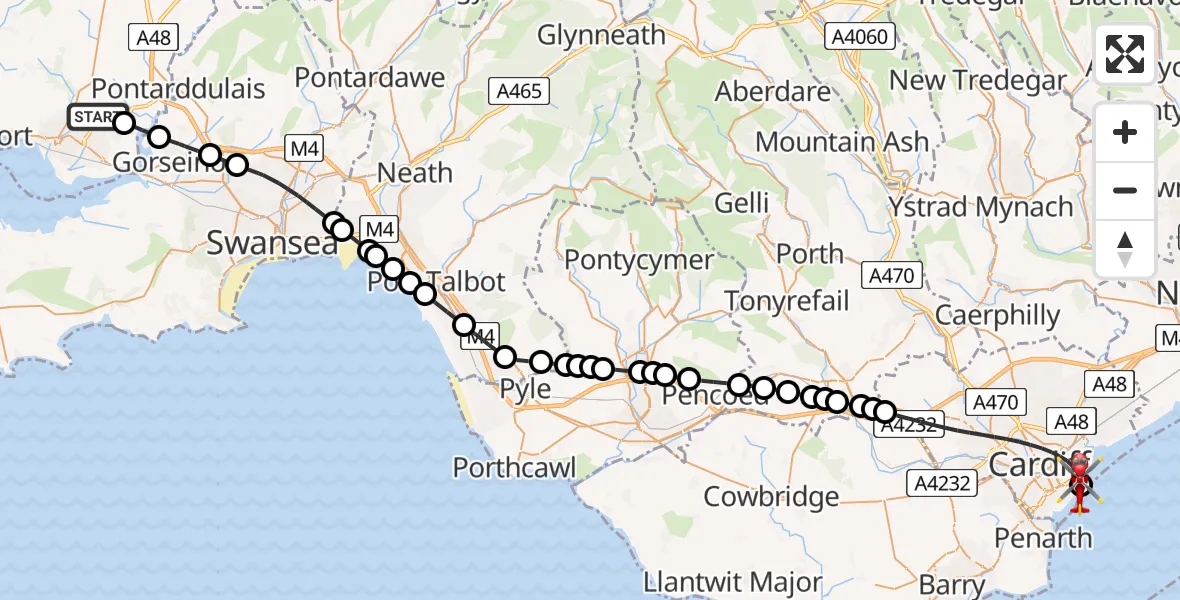 Flight route map: Air Ambulance Helicopter to Cardiff Heliport, Cardiff Heliport