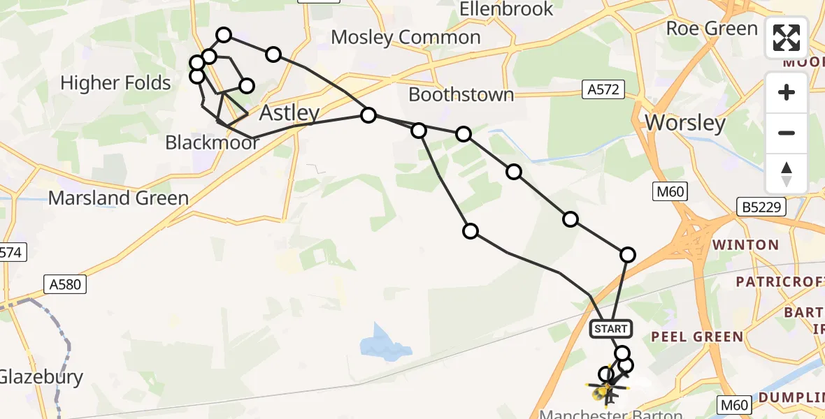 Flight path map showing Police Helicopter route from Manchester Barton Aerodrome to Manchester Barton Aerodrome