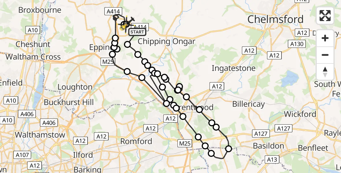 Flight route map: Police Helicopter to North Weald Bassett, Vicarage Lane (West)