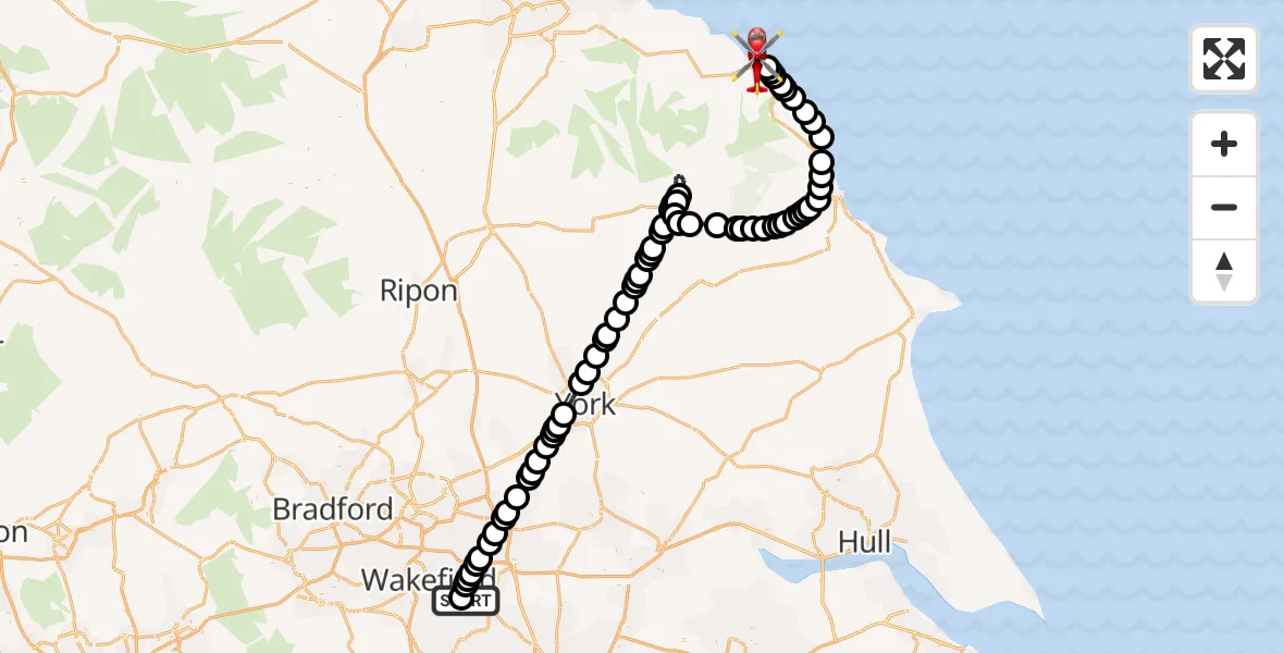 Flight route map: Air Ambulance Helicopter to Whitby, Upgang Lane
