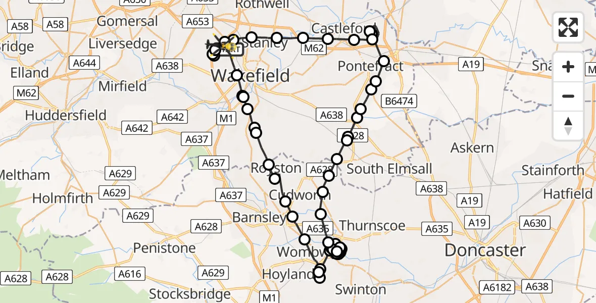 Flight path map showing Police Helicopter route from Wrenthorpe to East Ardsley