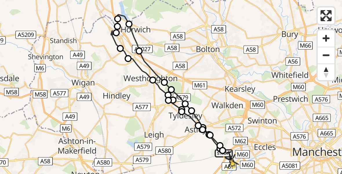 Flight path map showing Police Helicopter route from Irlam to Manchester Barton Aerodrome