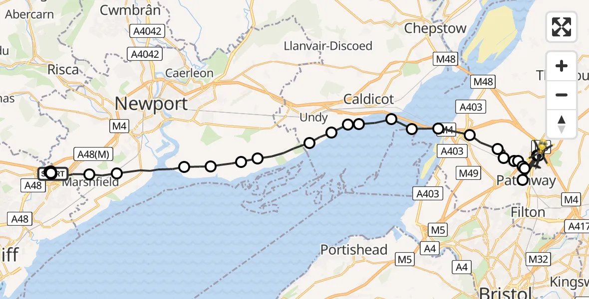 Flight route map: Police Helicopter to Almondsbury Helicopter Base, Almondsbury Helicopter Base