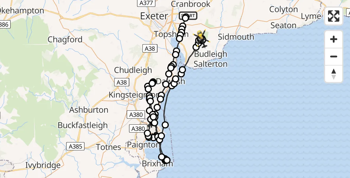 Flight route map: Police Helicopter to East Devon, B3180