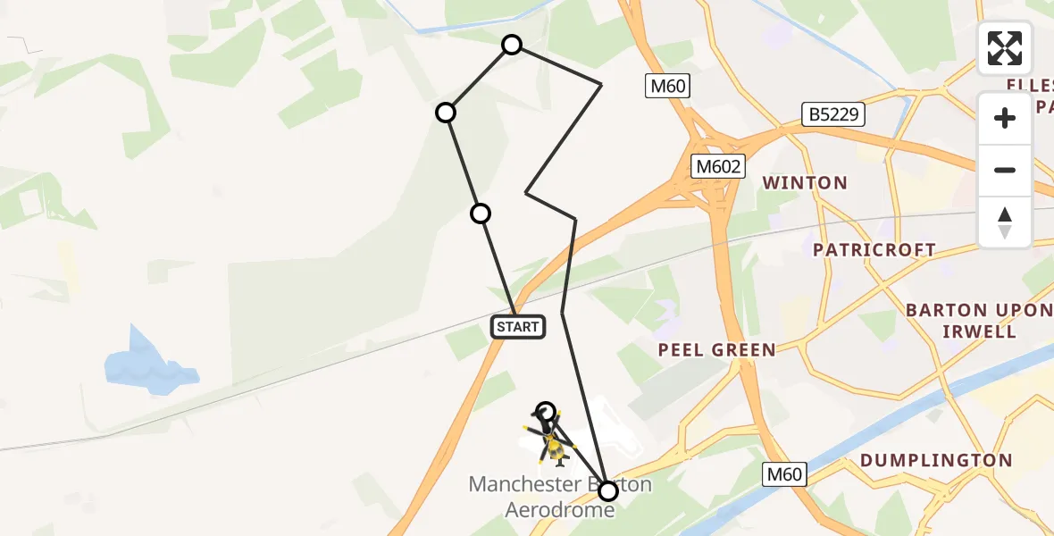 Flight path map showing Police Helicopter route from Irlam to Manchester Barton Aerodrome