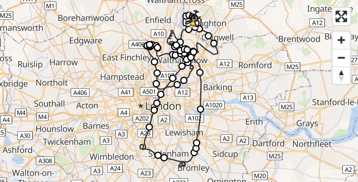 Flight route map: Police Helicopter to Metropolitan Police Air Support Unit Lippitts Hill, Metropolitan Police Air Support Unit Lippitts Hill