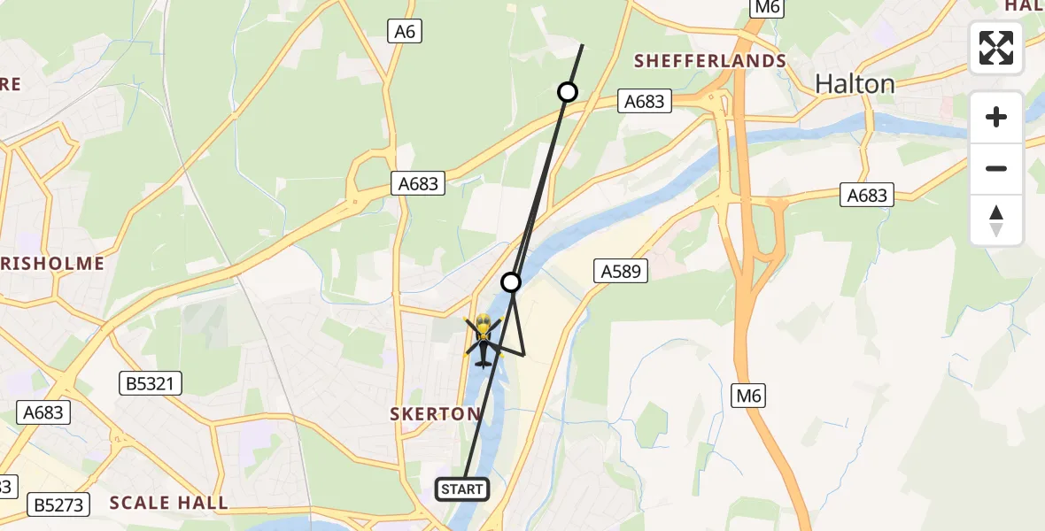 Flight route map: Police Helicopter to Lancaster, Halton Road