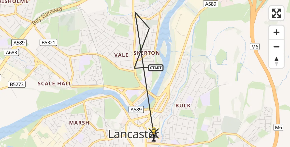 Flight route map: Police Helicopter to Lancaster, Bulk Street