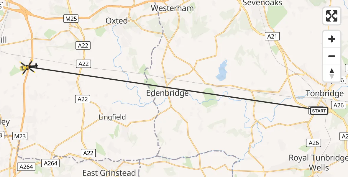 Flight route map: Police Helicopter to South Nutfield, M23